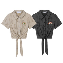 Distressed Jacquard Knotted Hem Patch Short Sleeve Shirt