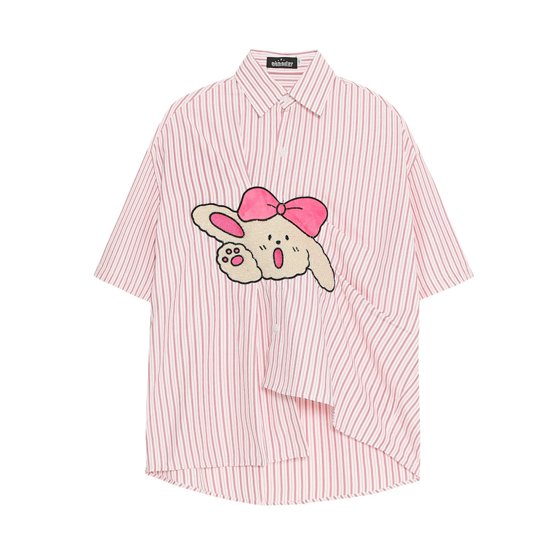 Striped Shirt Bunny Chenille Patch Asymmetrical Hem