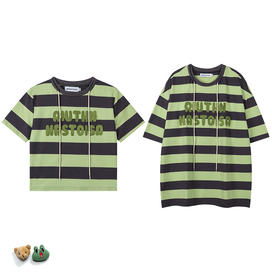 Stripe Towel Embroidery Drawstring Tee, Cropped & Oversized Fit