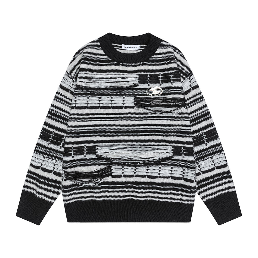 Striped Fringe Detach Knit Crewneck Sweater