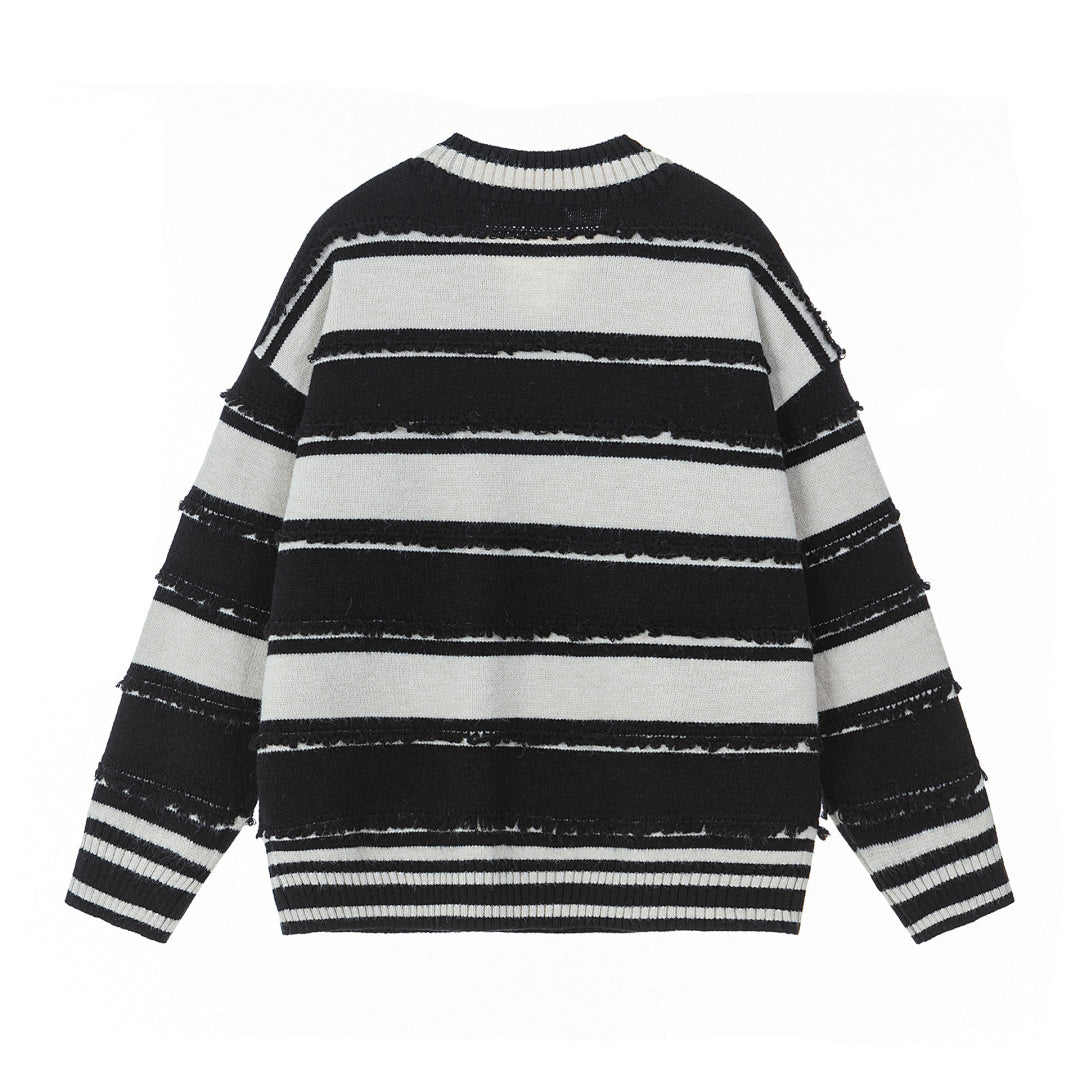 Frayed Stripe V‑Neck Knit Sweater