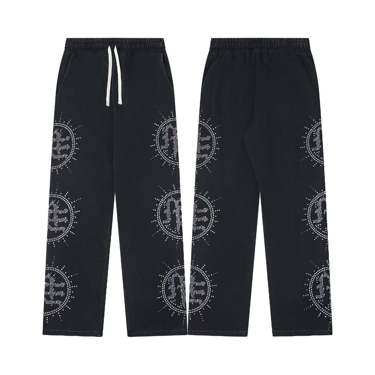 Mixed Emotions Eclipse Rhinestone Sweatpants Acid Wash Grey