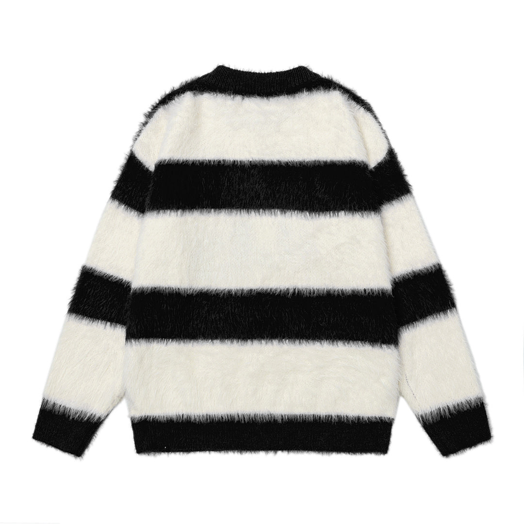 Fuzzy Stripe Snake Graphic Knit Sweater