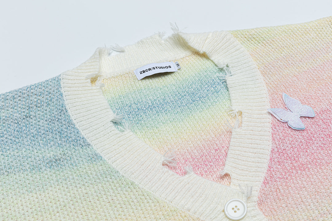 Gradient Tie‑Dye Distressed Cardigan 3D Butterfly Appliqué