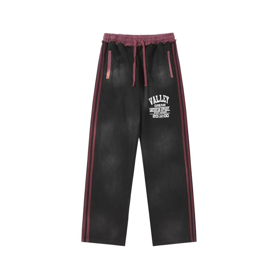 Valley Dream Vintage Washed Black Maroon Side Stripe Wide Leg Sweatpants