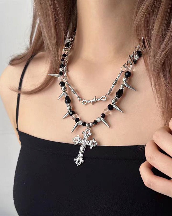 Layered Cross Spike Beaded Necklace
