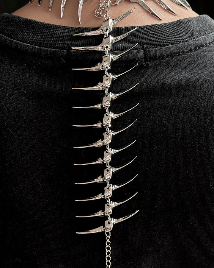 Silver Thorn Spike Fishbone Necklace