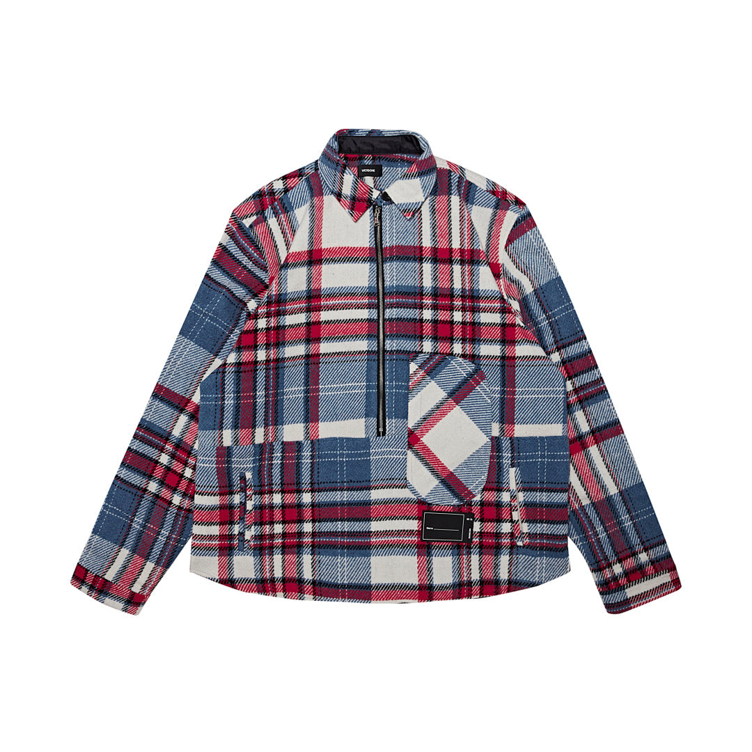 Street Ace Plaid Patchwork Half‑Zip Collared Jacket