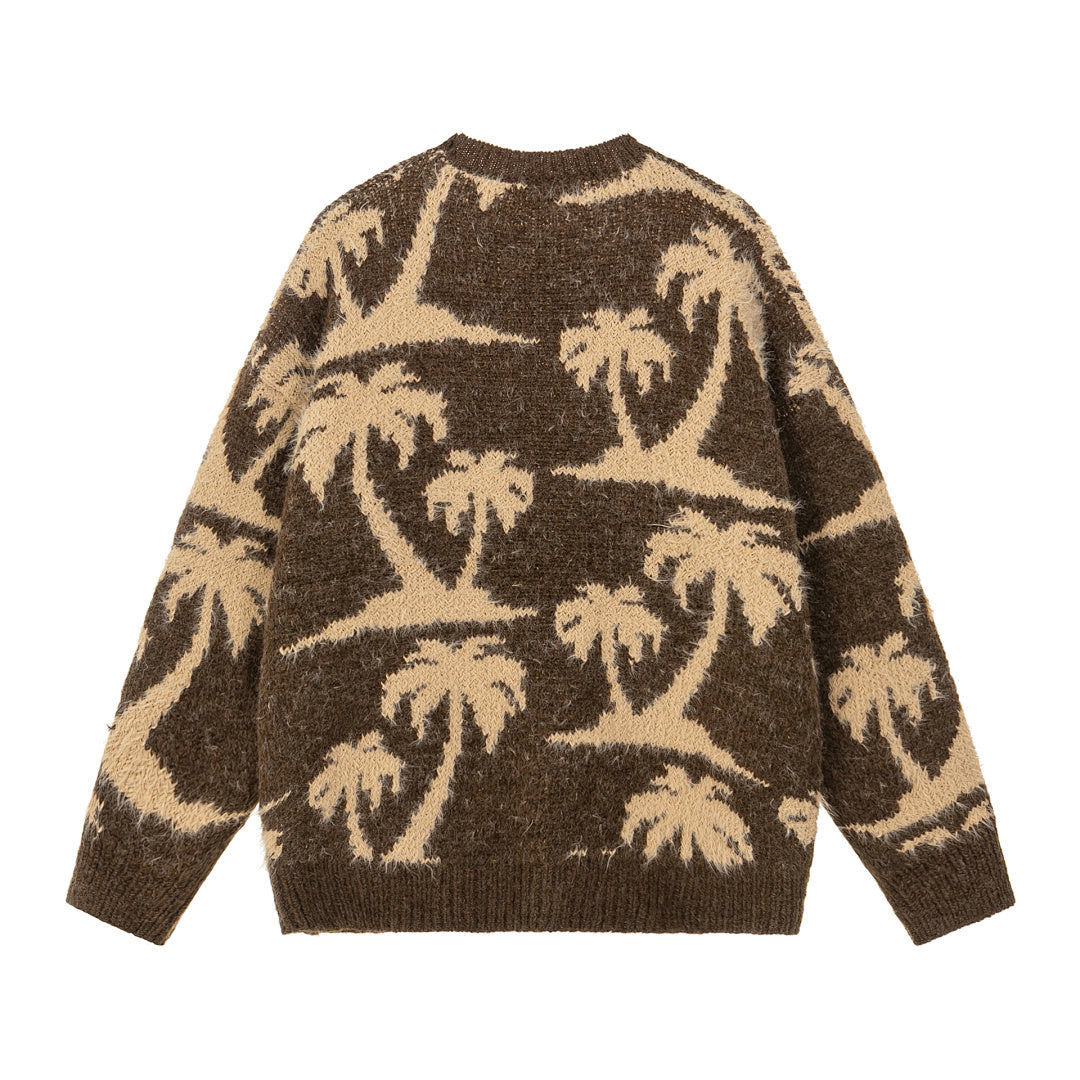 Fuzzy Palm Tree Jacquard Knit Sweater