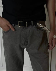 Silver-Embellished Black Eco-Leather Belt