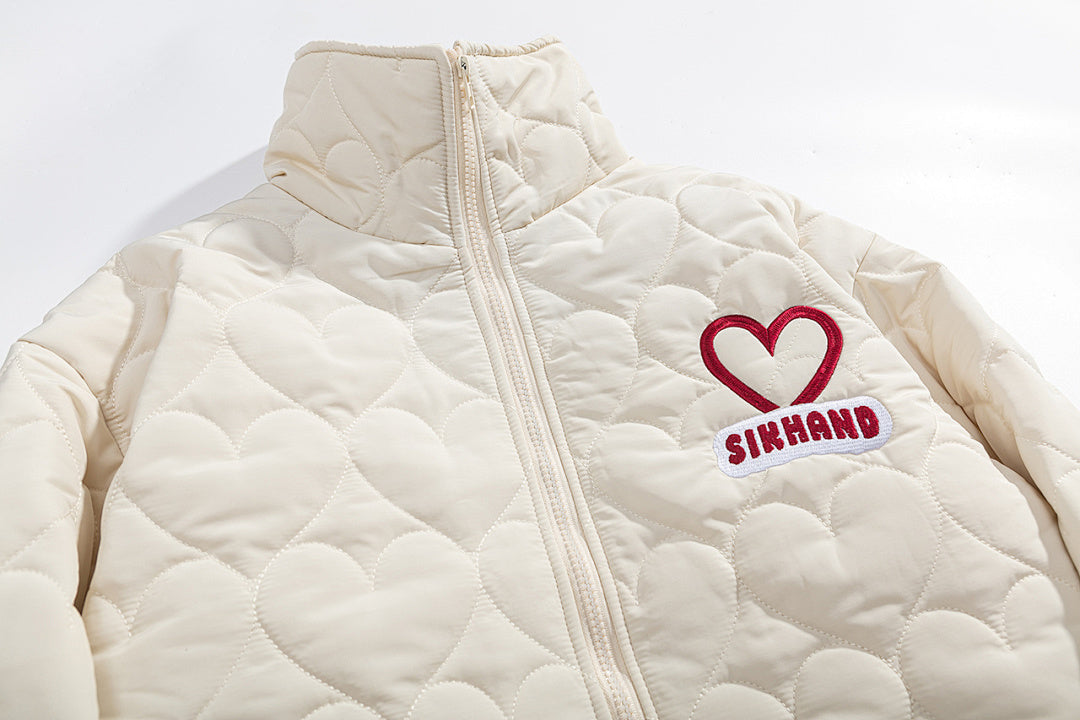 Heart Quilted Cropped Puffer Jacket Heart Embroidery