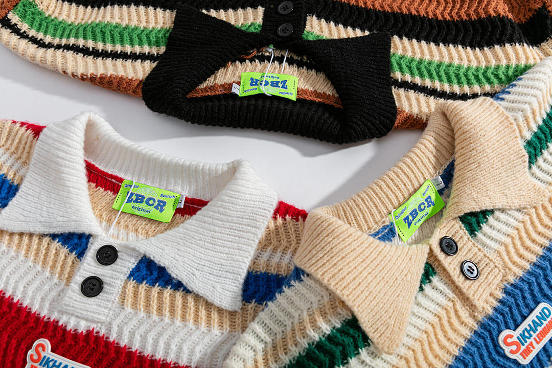 Multicolor Stripe Textured Polo Knit Sweater