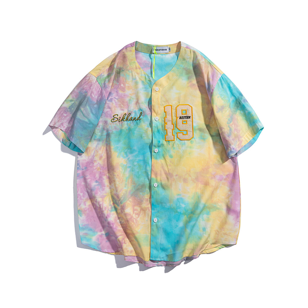Tie‑Dye 19 Embroidered Short Sleeve Baseball Jersey