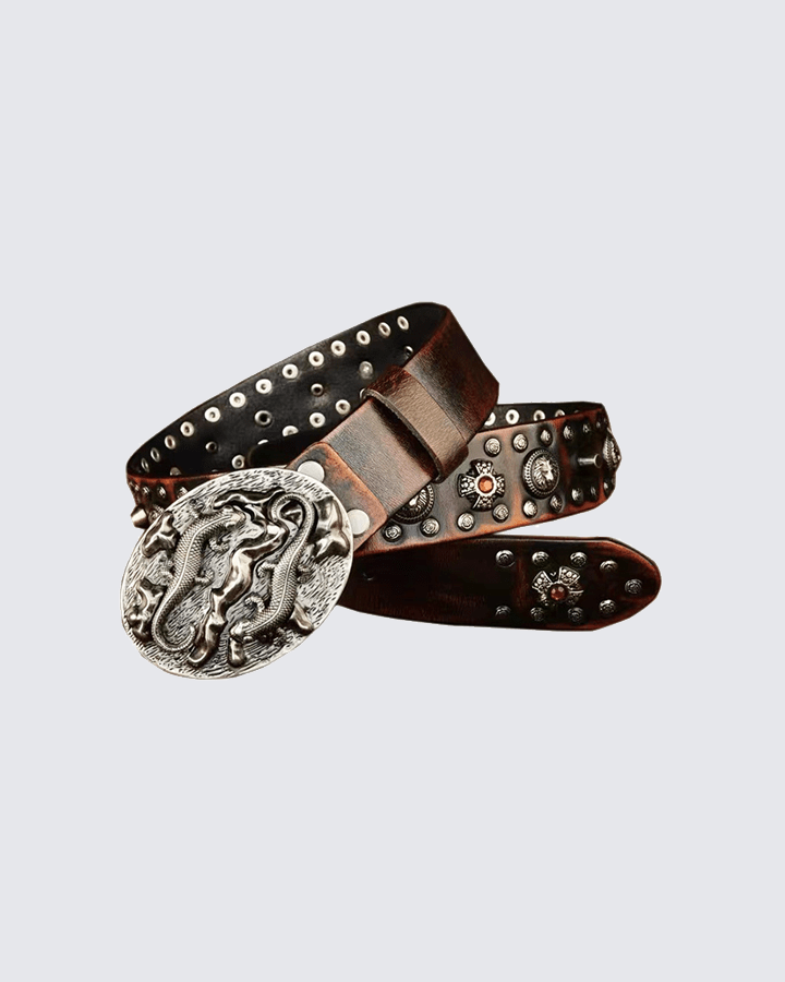 Embossed Dragon Buckle Studded Leather Belt