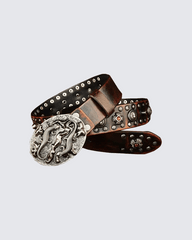 Embossed Dragon Buckle Studded Leather Belt