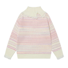 Pastel Stripe Fringe Collared Knit Sweater