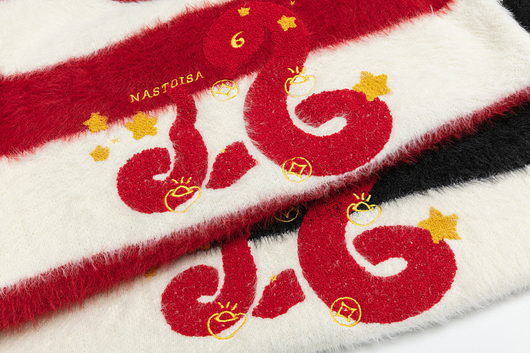 Fuzzy Stripe Snake Graphic Knit Sweater