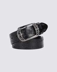 Vintage Floral Embossed Leather Belt with Ornate Buckle