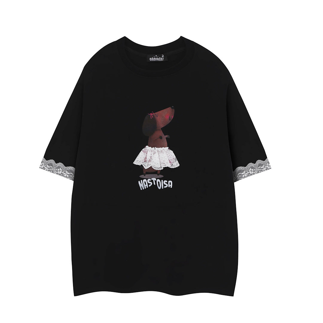 Ballet Dachshund Print Lace Cuff Tee