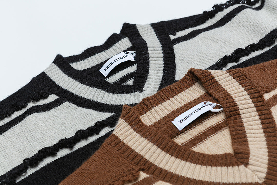 Frayed Stripe V‑Neck Knit Sweater