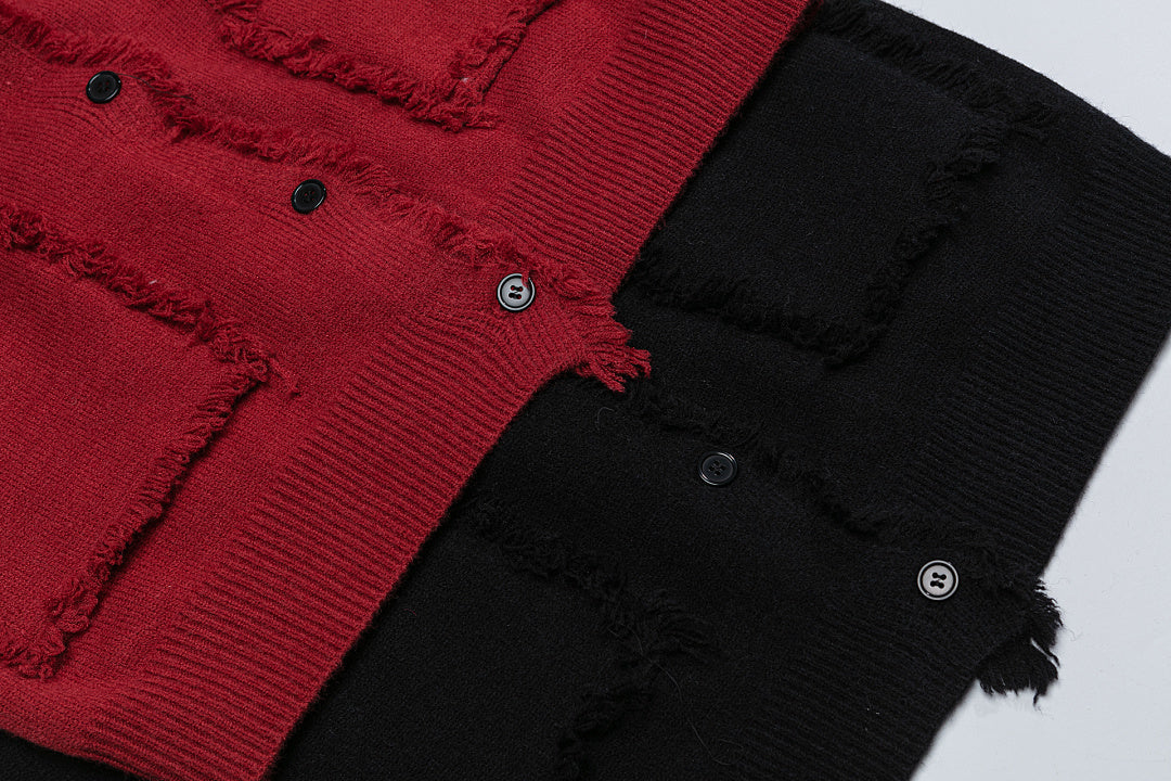 Frayed Raw Edge Knit Cardigan Metal Badge Detail