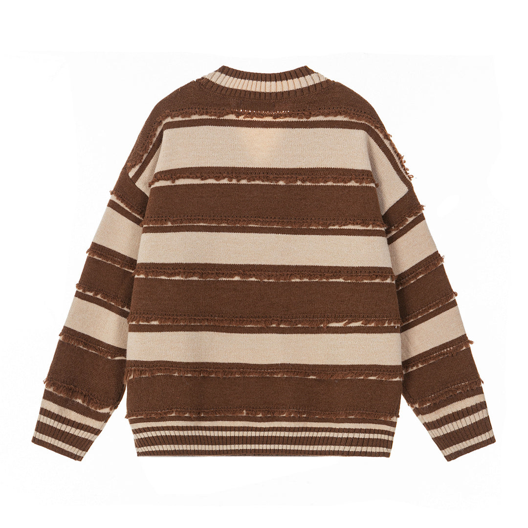 Frayed Stripe V‑Neck Knit Sweater