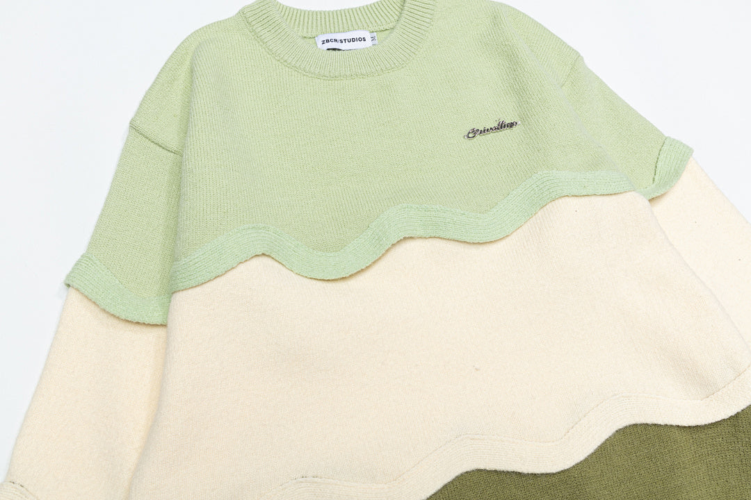 Wavy Color Block Patchwork Knit Sweater