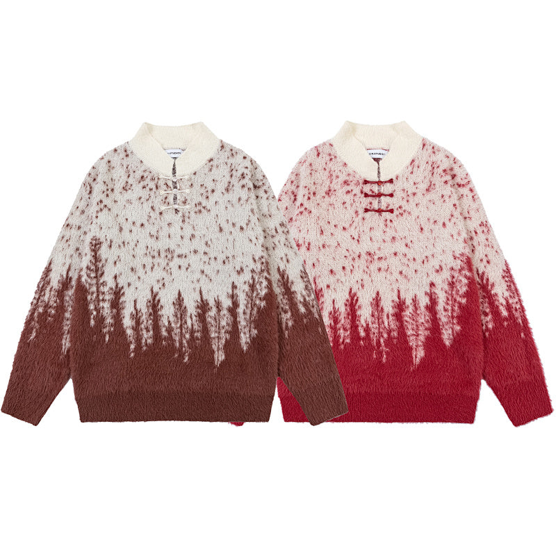 Gradient Forest Pattern Frog Button Fuzzy Knit Sweater