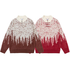 Gradient Forest Pattern Frog Button Fuzzy Knit Sweater