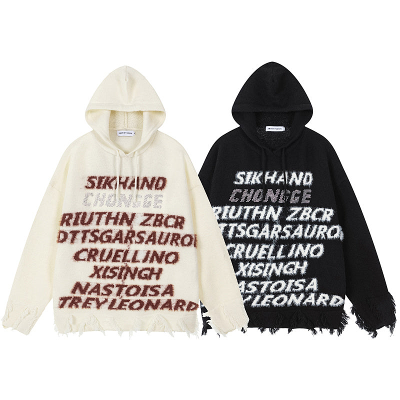 Distressed Fringe Knit Hoodie Multi‑Layer Letter Jacquard