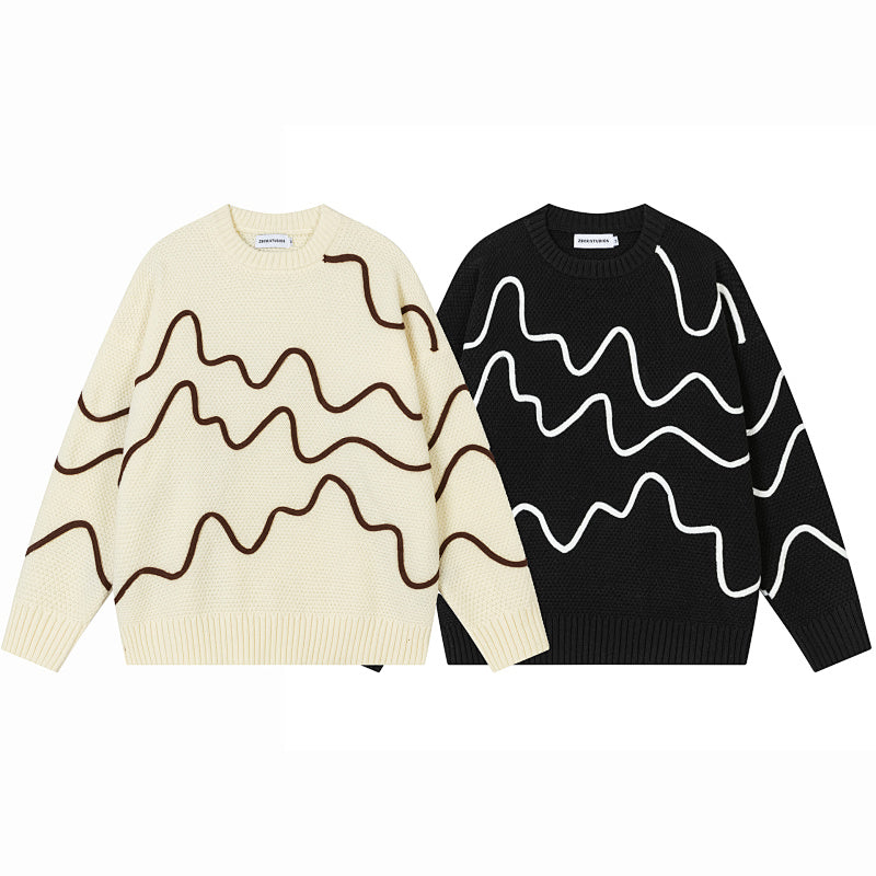 3D Wave Line Applique Knit Sweater