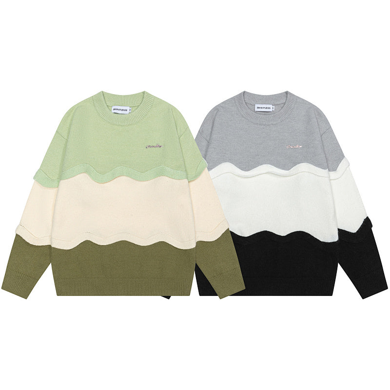 Wavy Color Block Patchwork Knit Sweater