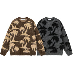 Fuzzy Palm Tree Jacquard Knit Sweater