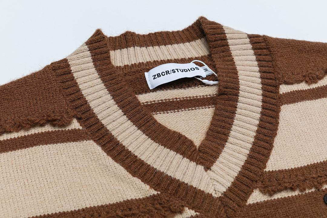 Frayed Stripe V‑Neck Knit Sweater