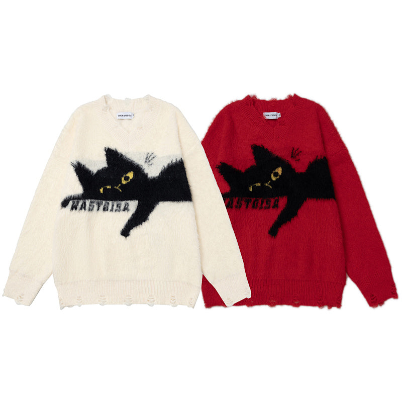 Distressed V‑Neck Black Cat Graphic Fuzzy Knit Sweater