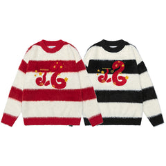 Fuzzy Stripe Snake Graphic Knit Sweater