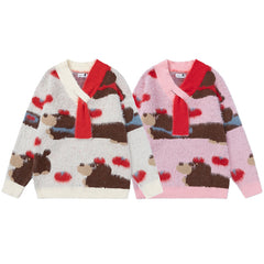 Fuzzy Dachshund Jacquard Knit Sweater With Knot Collar