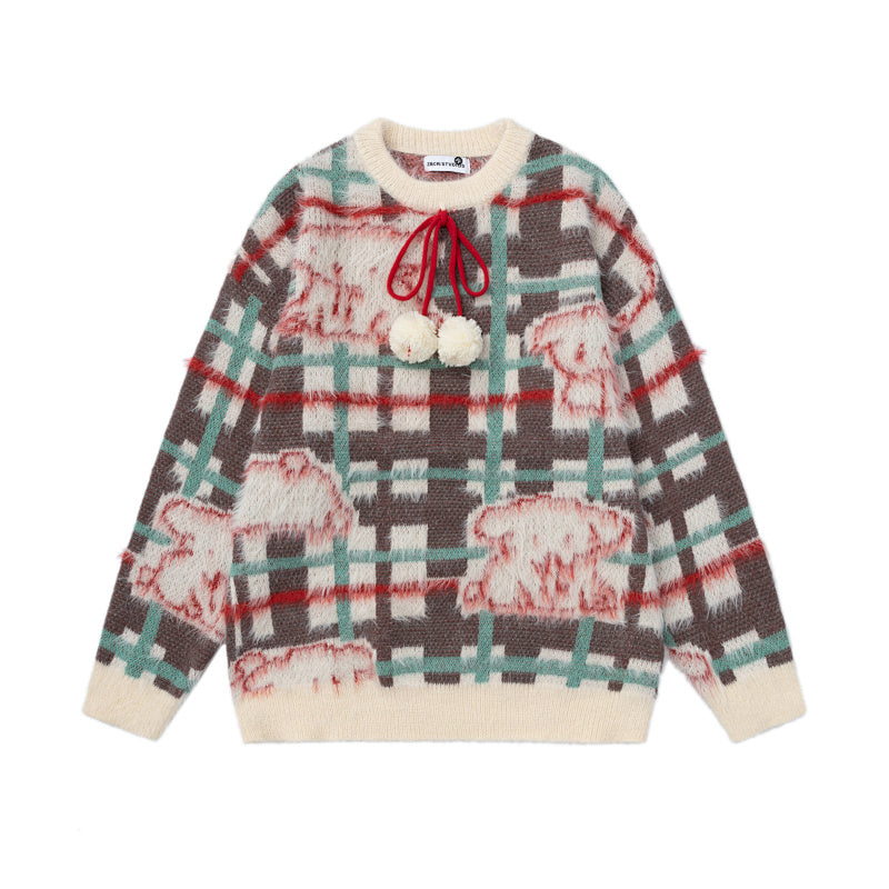Plaid Bear Jacquard Knit Sweater With Pom‑pom Drawstring