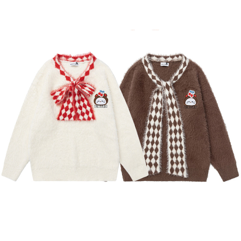 Fuzzy V‑Neck Checkered Bow Scarf Cartoon Patch Knit Sweater