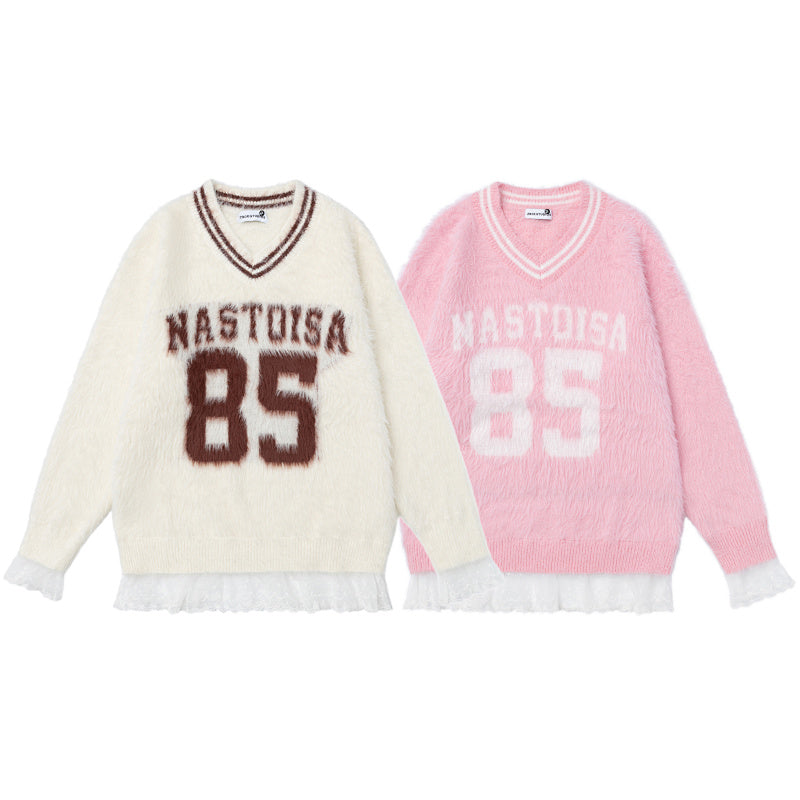 Fuzzy Varsity Number 85 Lace Hem V‑Neck Knit Sweater