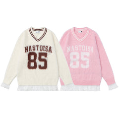 Fuzzy Varsity Number 85 Lace Hem V‑Neck Knit Sweater