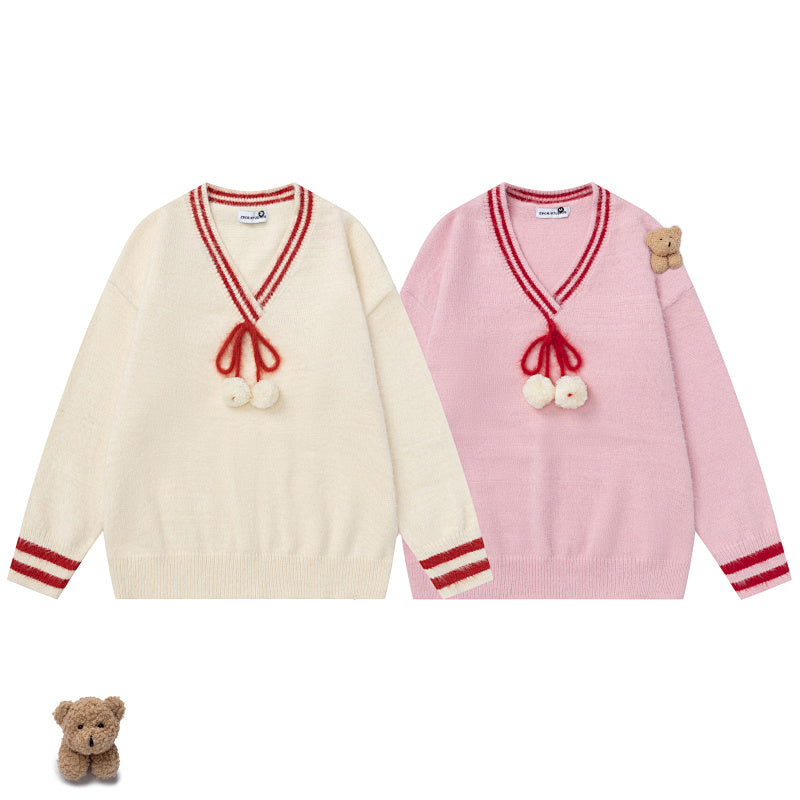 Pom‑pom Drawstring V‑Neck Striped Trim Fuzzy Knit Sweater