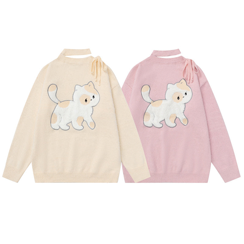 Fuzzy Cut‑Out Neck Cat Graphic Back Print Knit Sweater