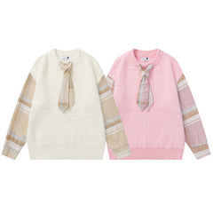 Fuzzy Plaid Spliced Sleeve Tie Decor Crewneck Knit Sweater