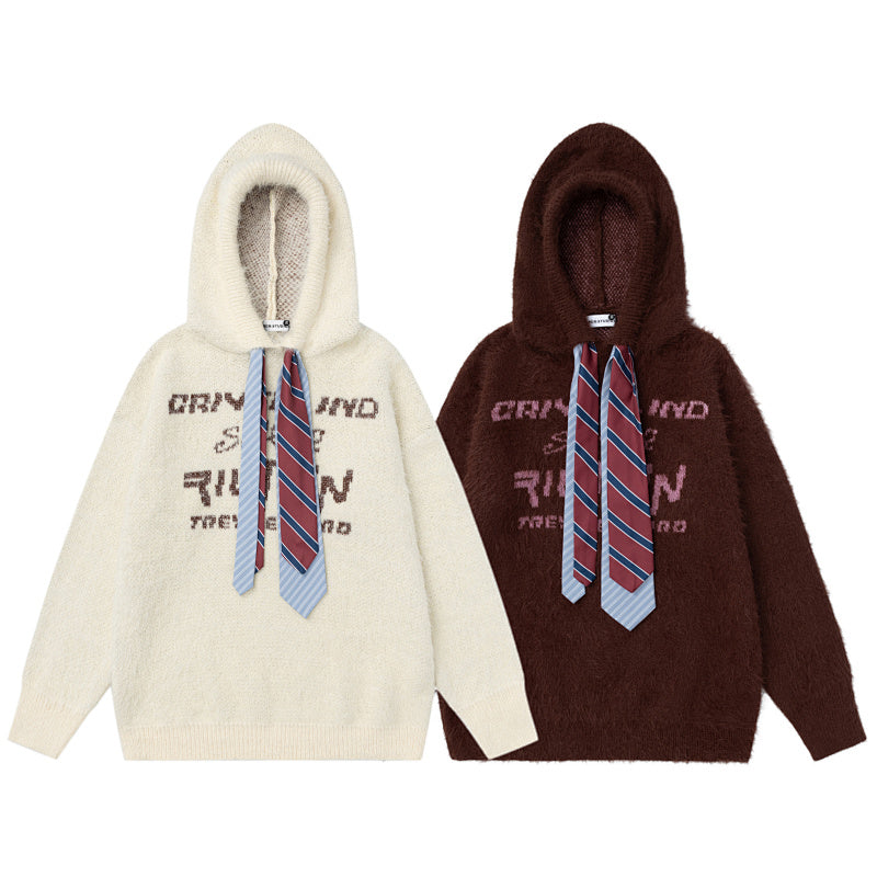 Fuzzy Hooded Knit Sweater With Striped Tie & Letter Jacquard
