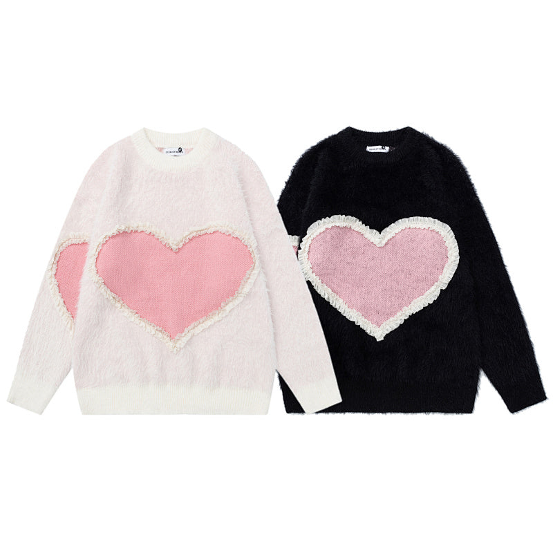Fuzzy Ruffled Heart Patch Crewneck Knit Sweater