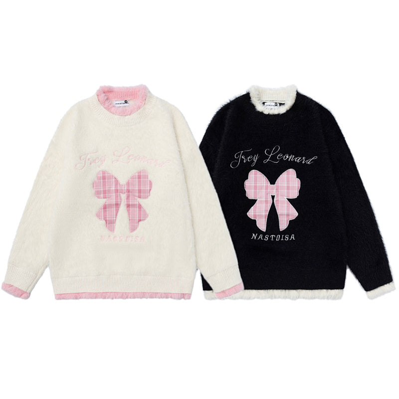Faux Fur Contrast Fuzzy Trim Plaid Bow Embroidery Crewneck Sweater