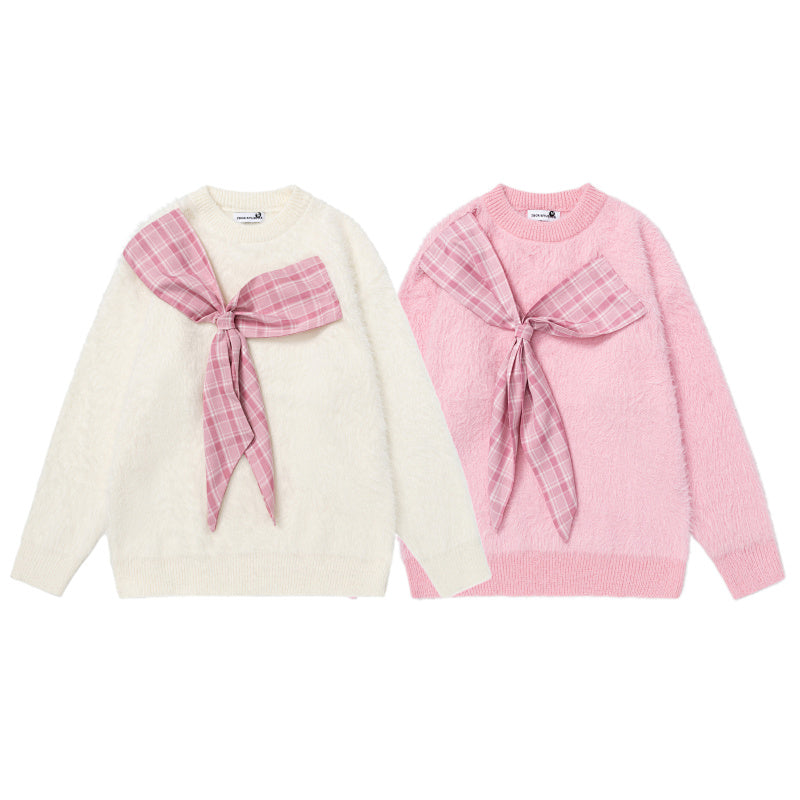 Fuzzy Crewneck Sweater With Large Plaid Bow Appliqué
