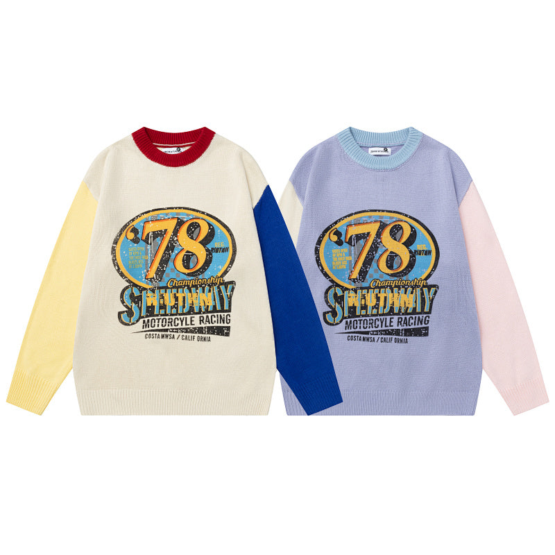Color‑Block Spliced Sleeve 78 Racing Graphic Crewneck Knit Sweater