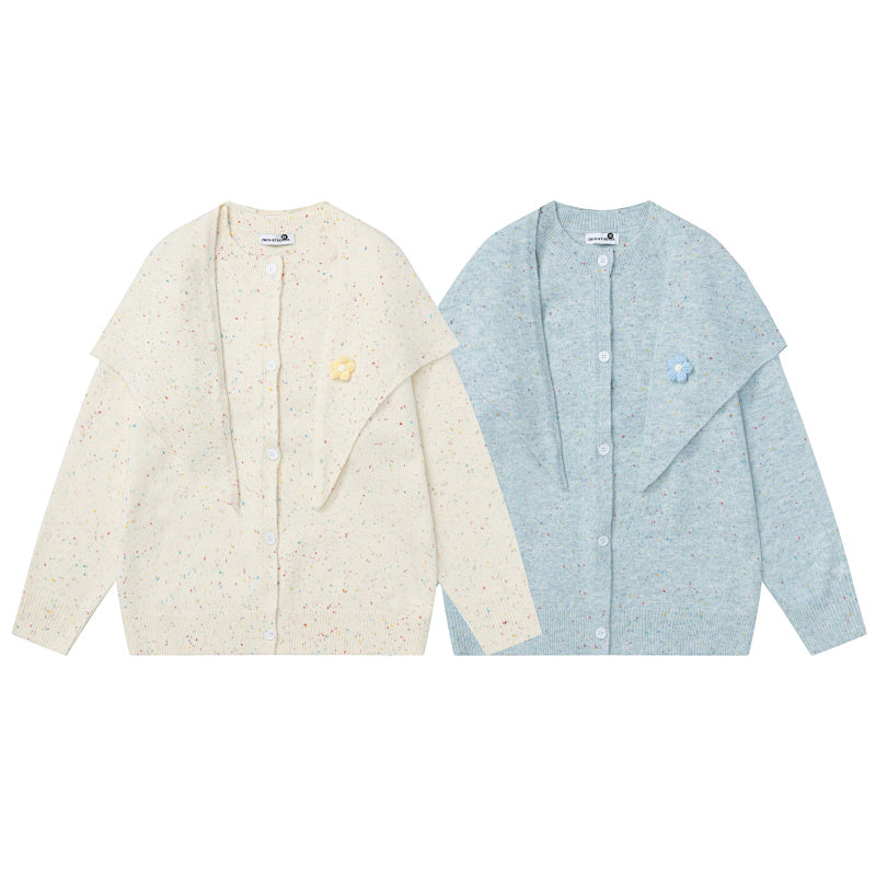 Speckled Knit Cardigan With Detachable Shawl Collar & Flower Brooch